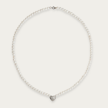 Amora Necklace with 5mm freshwater pearls and matte-finished heart charm set with six diamonds, 17-inch length, 14k white gold chain with spring ring clasp.