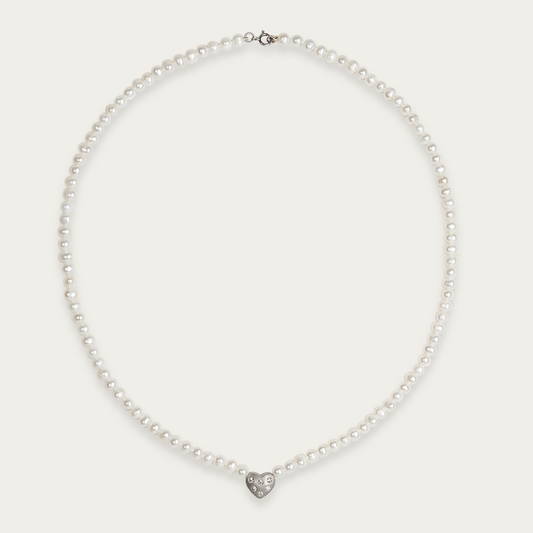 Amora Necklace with 5mm freshwater pearls and matte-finished heart charm set with six diamonds, 17-inch length, 14k white gold chain with spring ring clasp.