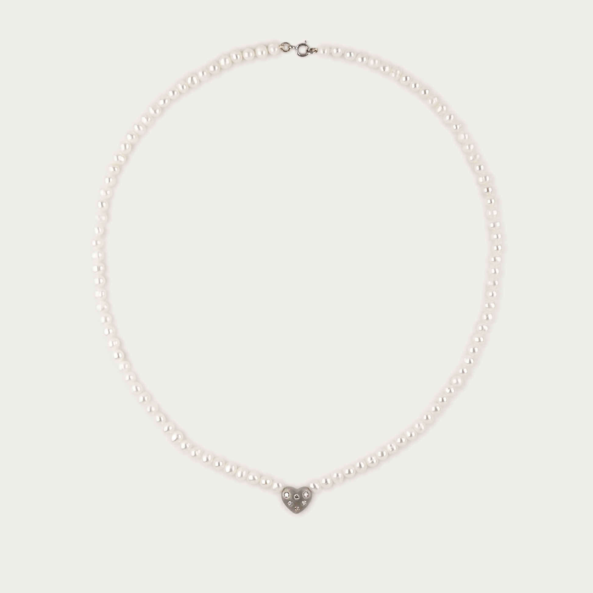 Amora Necklace with 5mm freshwater pearls and matte-finished heart charm set with six diamonds, 17-inch length, 14k white gold chain with spring ring clasp.
