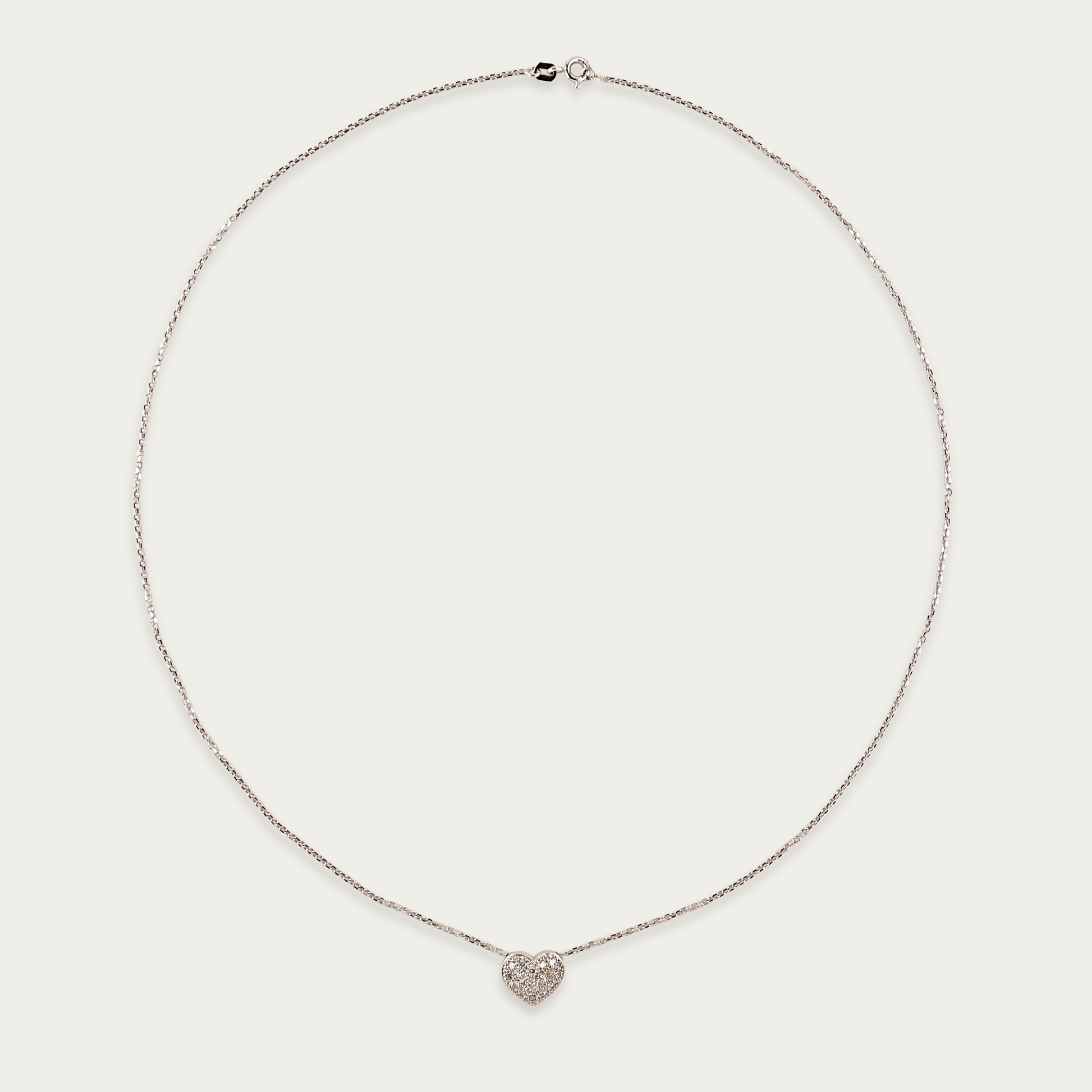 Soft Launch necklace in 18k white gold with diamond-set rounded heart pendant, 12mm wide, sliding on 19-inch chain with spring ring clasp.