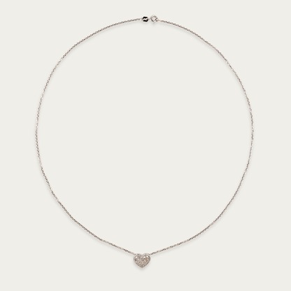 Soft Launch necklace in 18k white gold with diamond-set rounded heart pendant, 12mm wide, sliding on 19-inch chain with spring ring clasp.