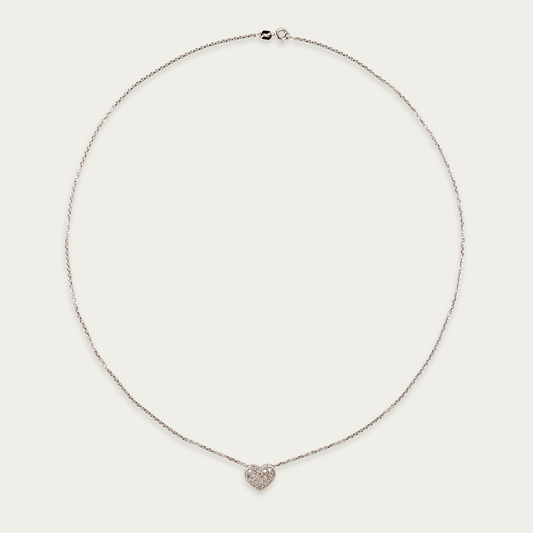 Soft Launch necklace in 18k white gold with diamond-set rounded heart pendant, 12mm wide, sliding on 19-inch chain with spring ring clasp.